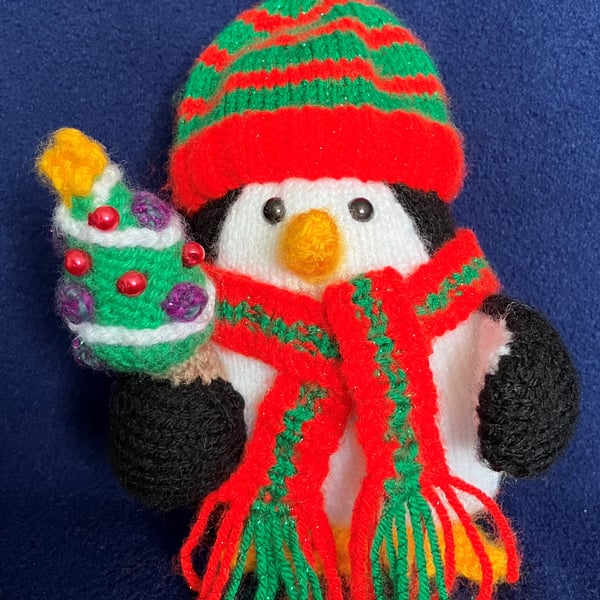 Christmas penguin and Christmas tree knitted shelf sitter decoration