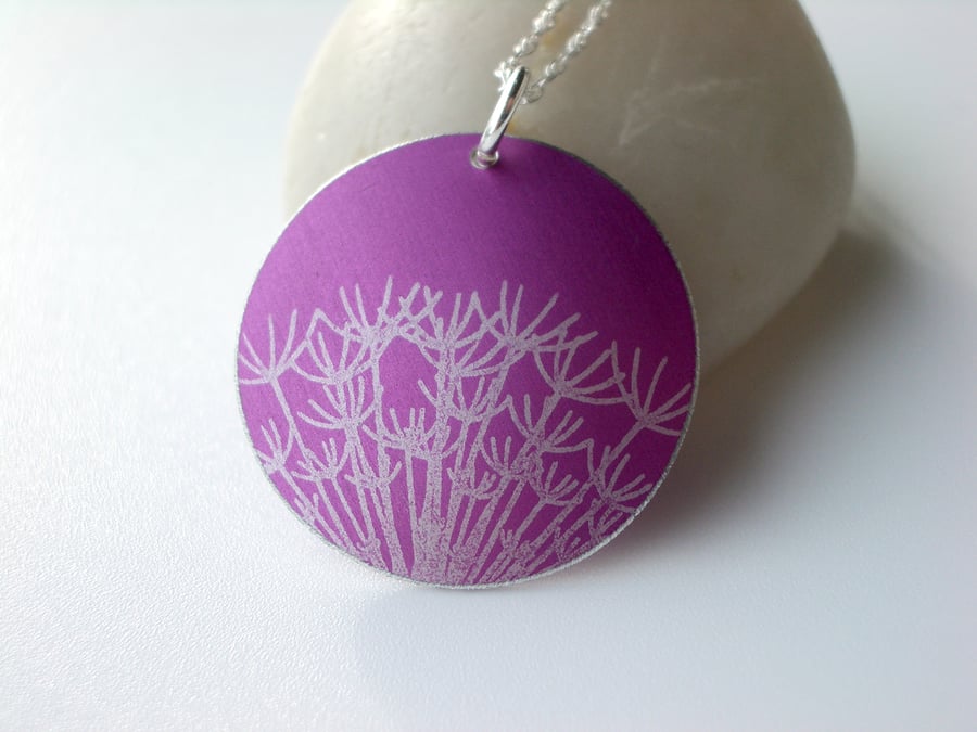 Pink dandelion seed disc pendant necklace 