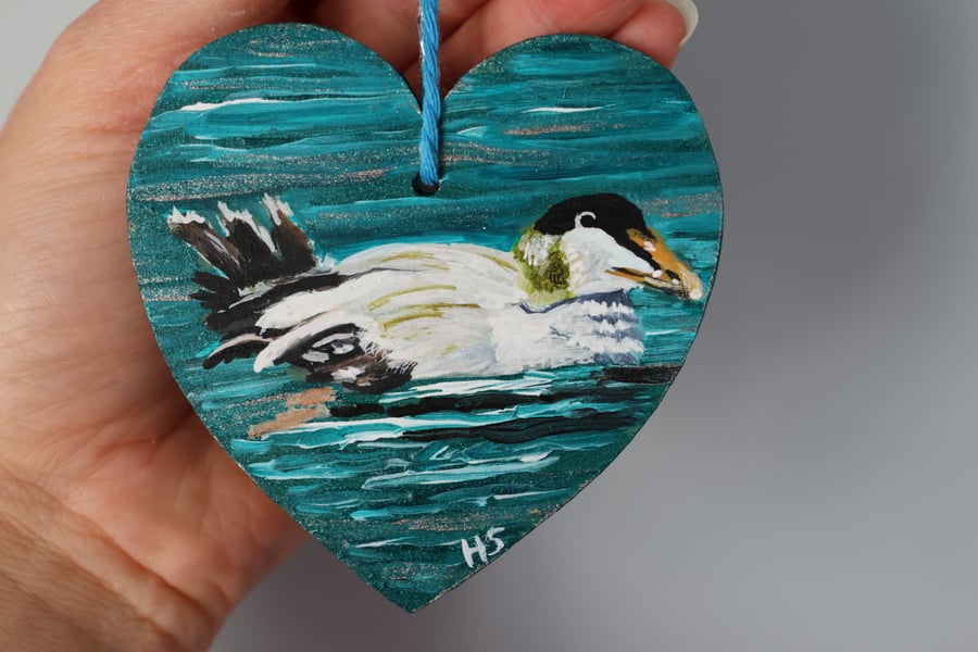 Eider Duck Painted in Acrylics on a Small Wooden Heart