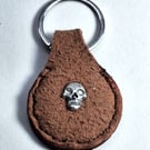 Brown Leather Hand Stiched Keyring. A silver coloured metal skull  FREE Postage