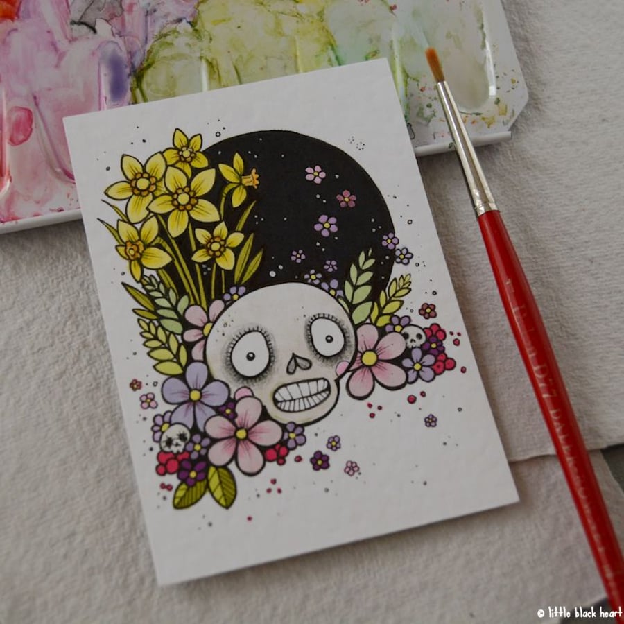 spring skulls - daffodils - original aceo
