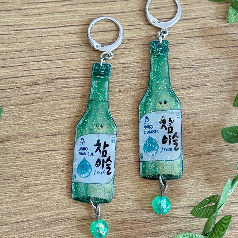 Green Soju Bottle Earrings - Glitter K-Food Dangle Huggie Hoops