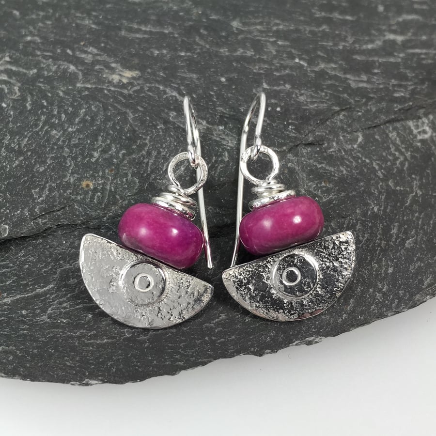 Ulu, handmade silver and pink jasper earrings 