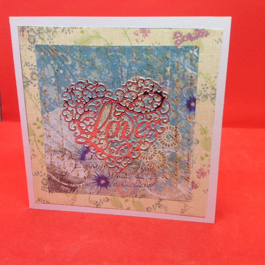 Handmade engagement, wedding, anniversary card, with silver lacy heart