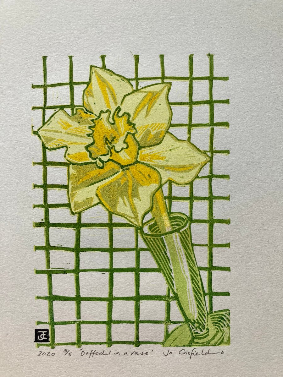 Original Reduction Linocut Print - Limited Edition - Daffodil in Vase