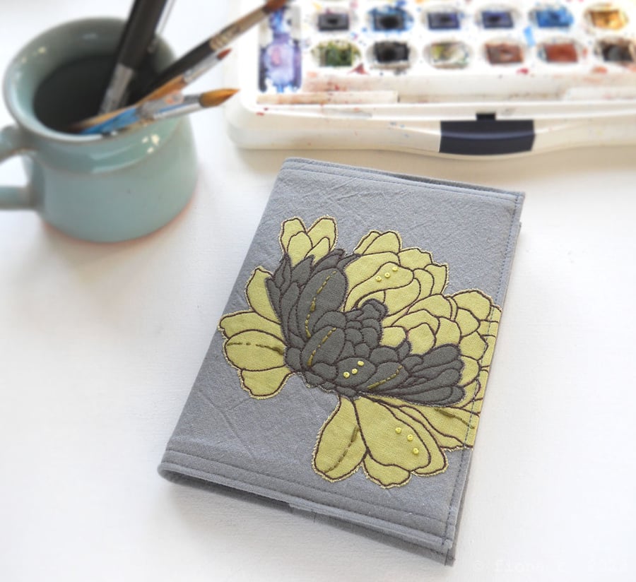 A6 free motion and hand embroidered floral notebook - green