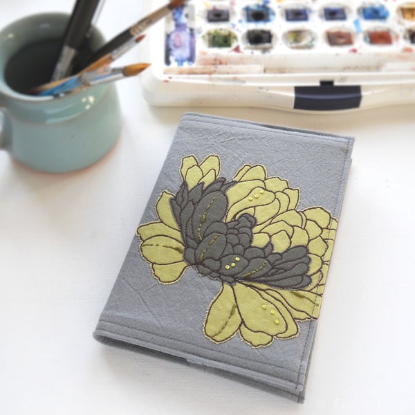 A6 free motion and hand embroidered floral notebook - green