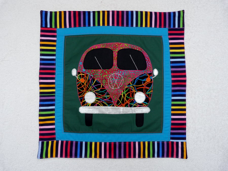 Applique VW Camper Van Cushion Cover in Green with decorative Quilting