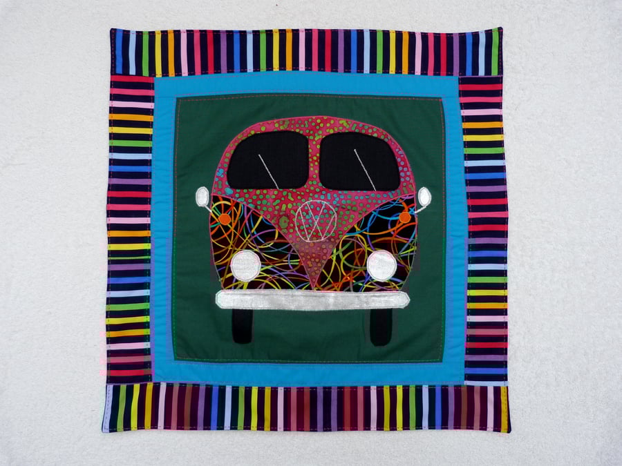 Applique VW Camper Van Cushion Cover in Green with decorative Quilting