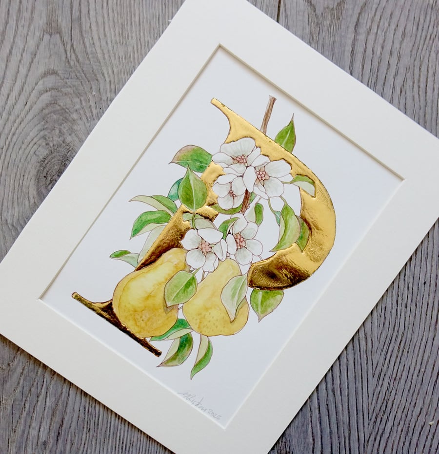 Watercolour Art with Pure Gold Gilding - Pears and Blossom.  Mother's Day.