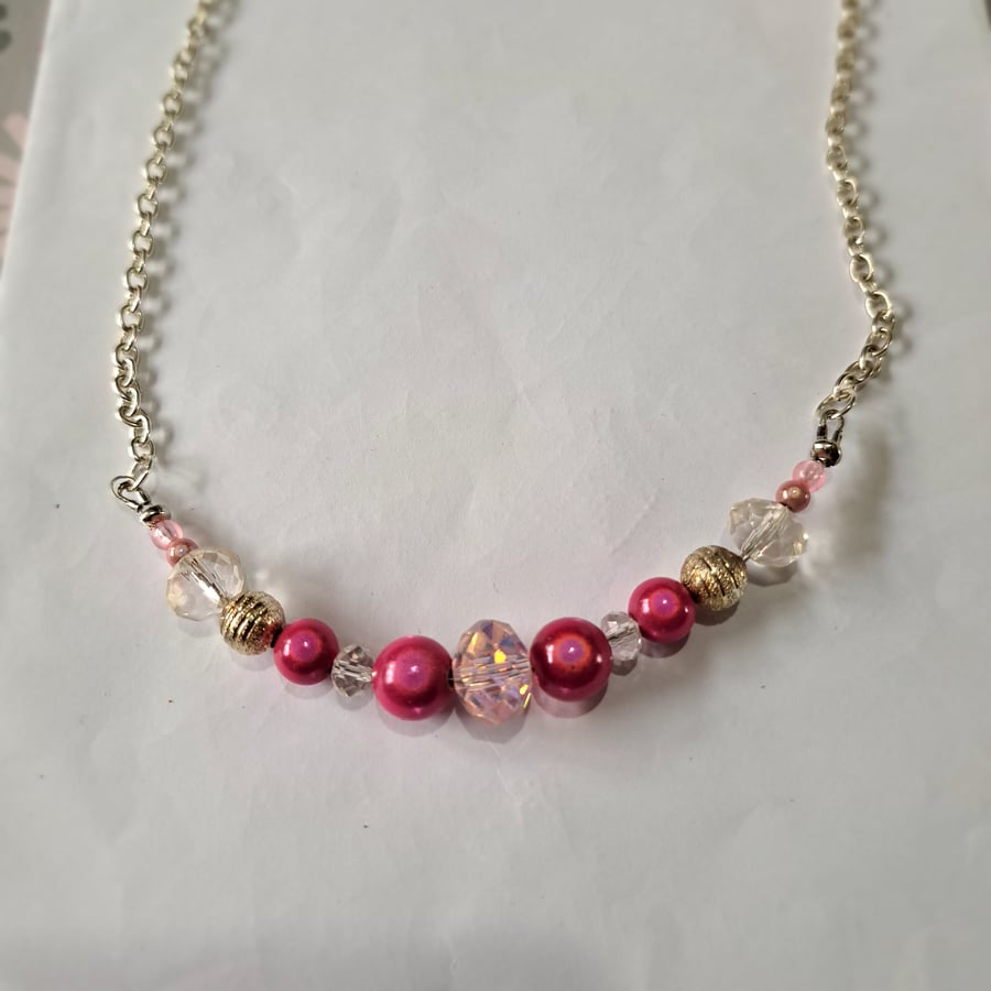 Sparkly beaded necklace, crystals with disco beads and spacers pink, clear