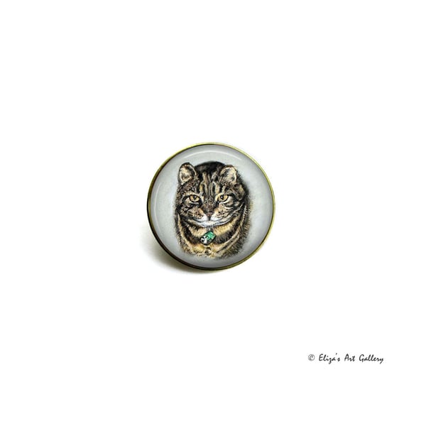 Gold Tone Tabby Cat Art Brooch