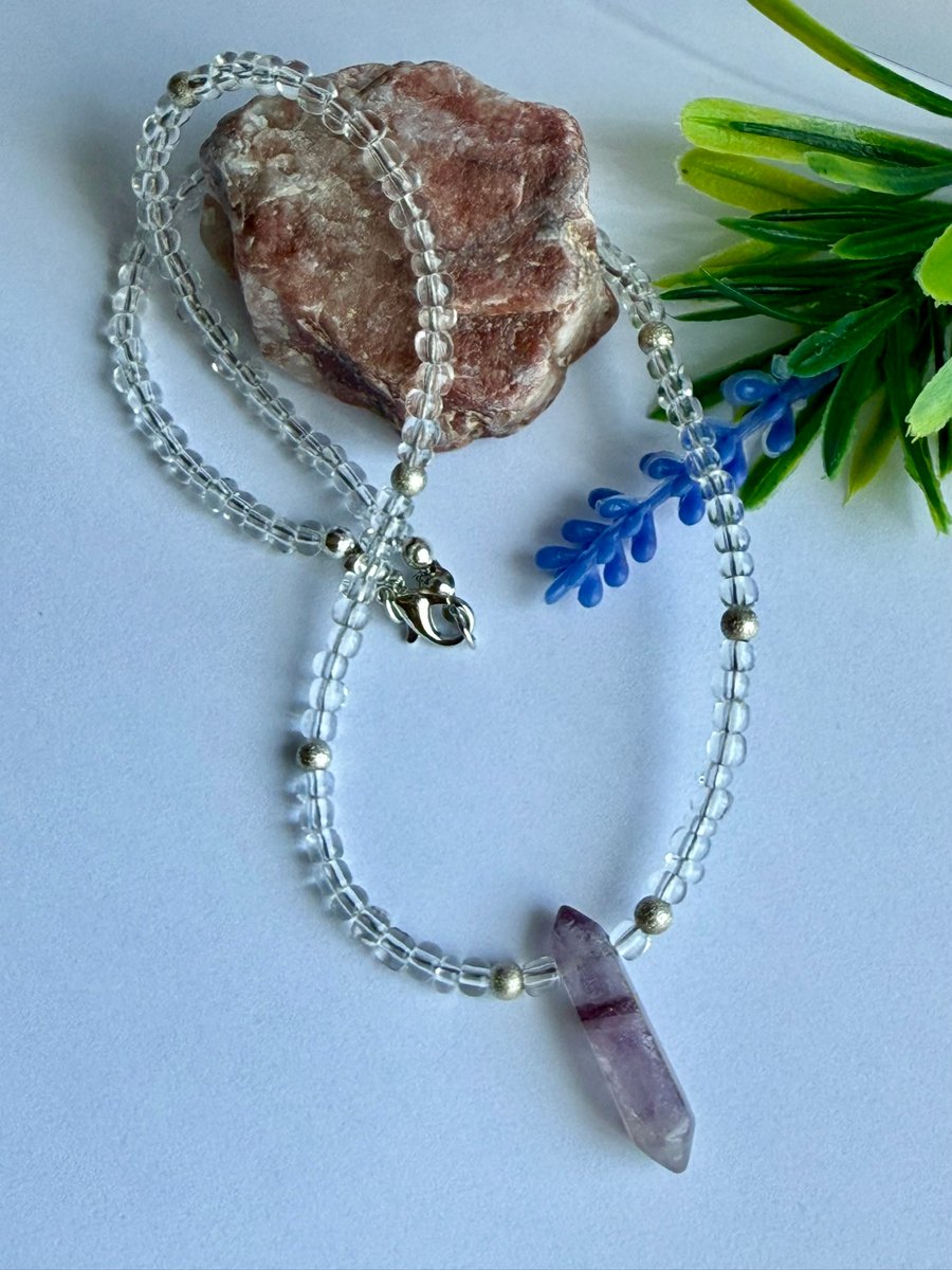 Amethyst Gemstone Stainless Steel Beads and Glass Bead Choker Necklace