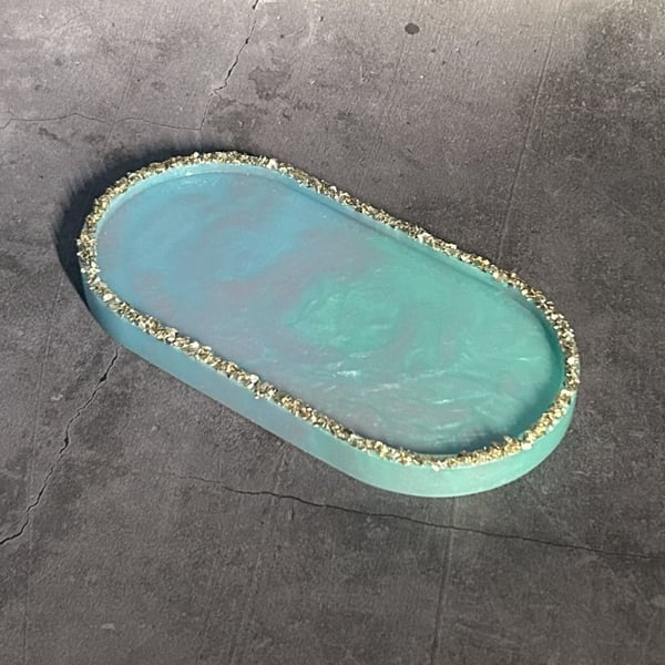 Perfectly Imperfect Resin Oblong Trinket Tray Green, Blue Pink Embellishments T2