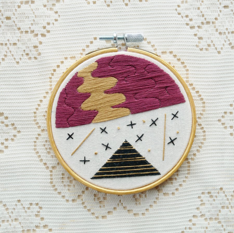 Space and Time 4 inch embroidered piece in Purple, Black and Gold