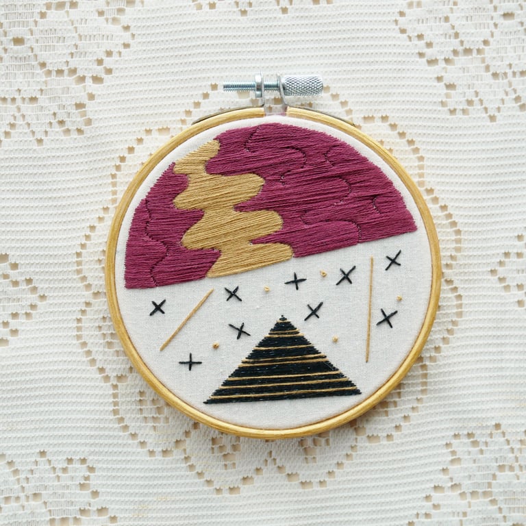 Space and Time 4 inch embroidered piece in Purple, Black and Gold