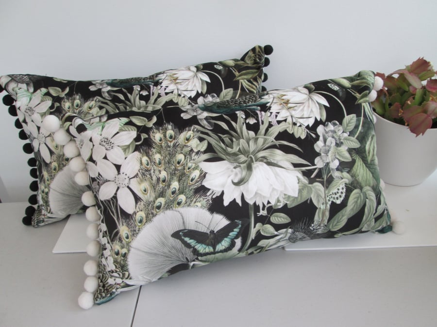 Printed Velour Cushion with Cream Pom poms