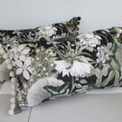 Printed Velour Cushion with Black Pom poms