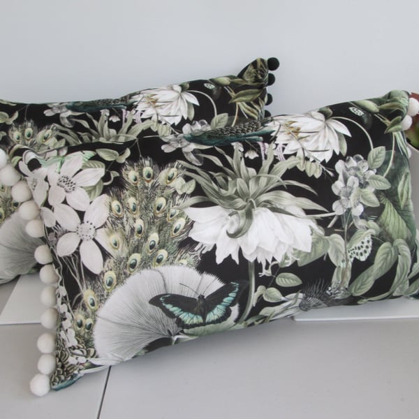Printed Velour Cushion with Black Pom poms
