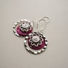 Hot Pink Shell Disc Tibetan Silver Flower Hoop Dangle Earrings   KCJ1417
