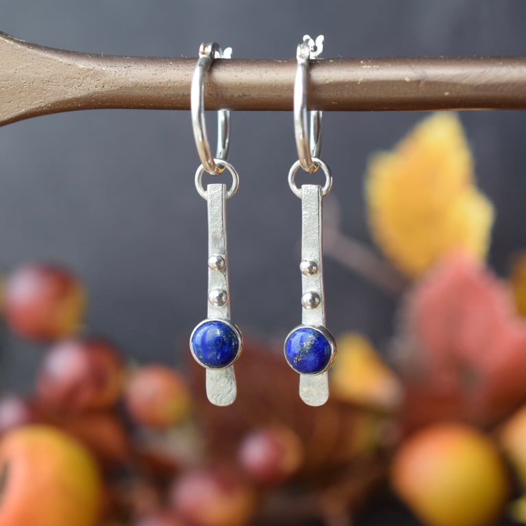 Silver Drop Earrings with Lapis Lazuli Stones - Hoop Earrings