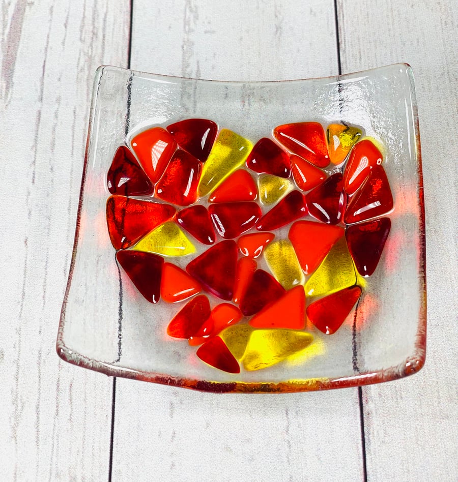 Fused glass mosaic heart dish 