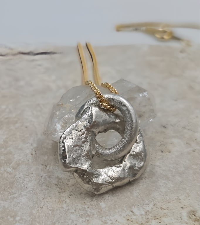 Molten Sterling Silver Pendant Necklace, Gold Plated Chain, Handmade