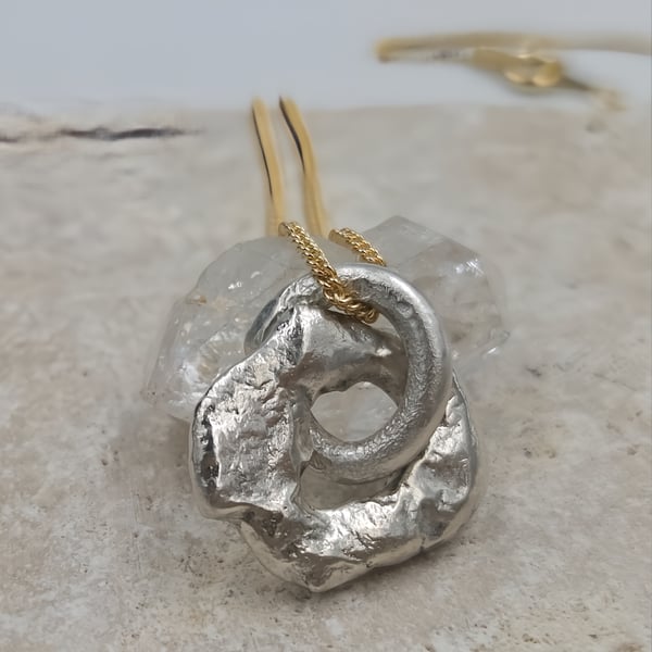 Molten Sterling Silver Pendant Necklace, Gold Plated Chain, Handmade