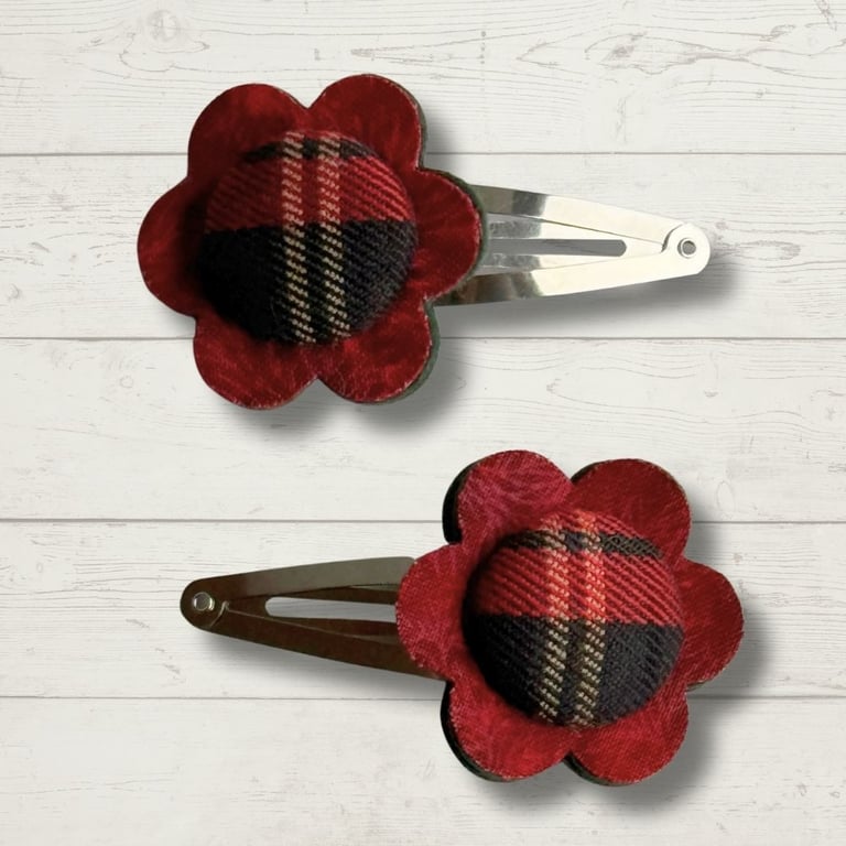 Hair Clips, Red Flower, Tartan, Christmas 