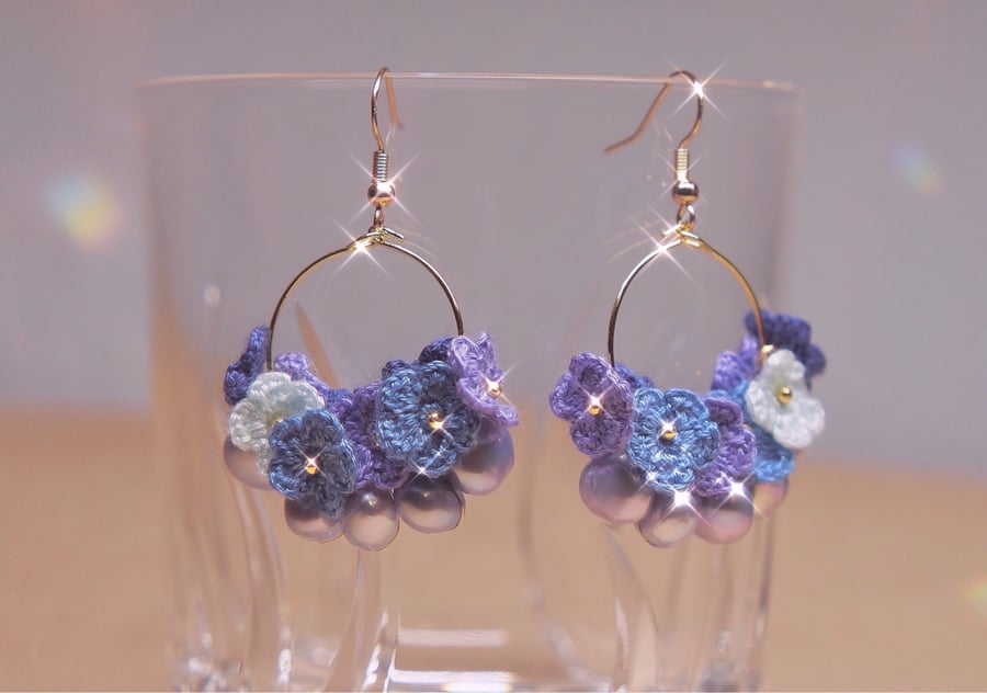 Freshwater Pearls Microcrochet Purple Floral Earrings 