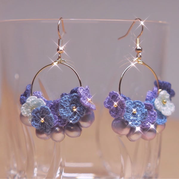 Freshwater Pearls Microcrochet Purple Floral Earrings 