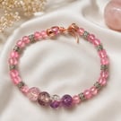 Handmade Pink Beaded Bracelet Rose Gold Wire Gift for Her