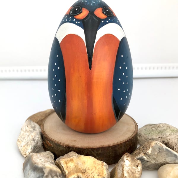 Kingfisher hand painted wooden egg ornament 