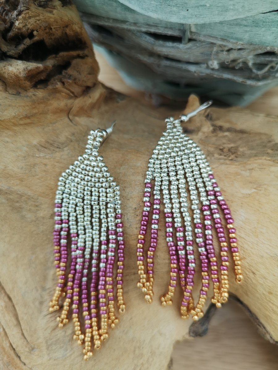 Sterling Silver pink and silver Native Indian seed beaded tassel earrings