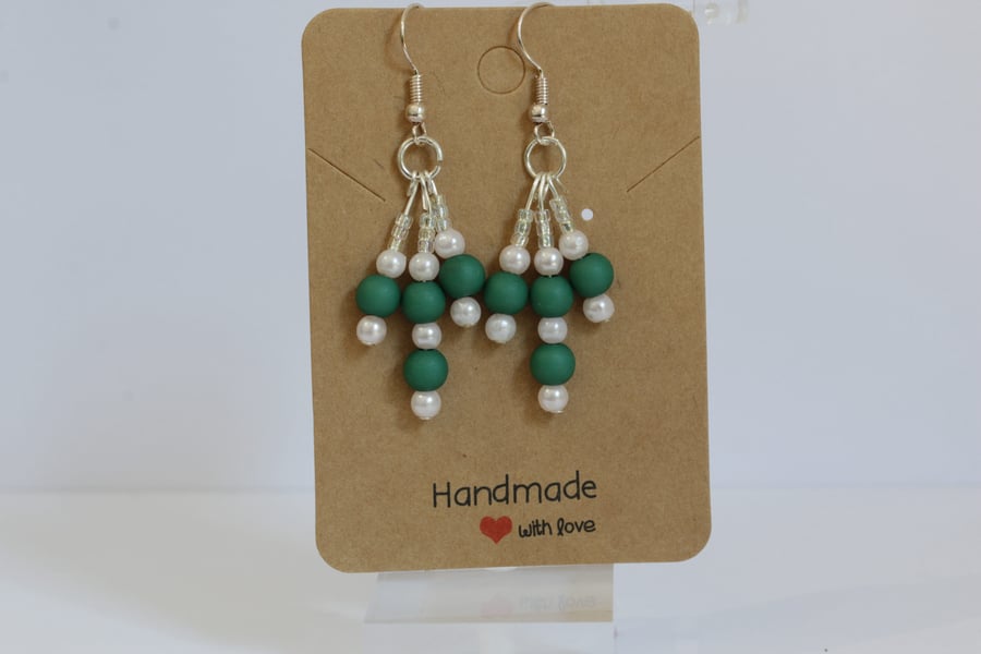 Handmade Forest Green & Pearl Beaded Chandelier Earrings
