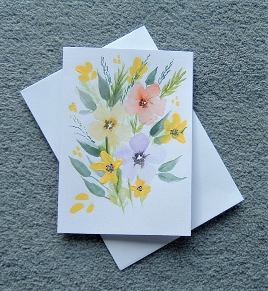 hand painted watercolour floral blank greetings card ( ref F 54 )