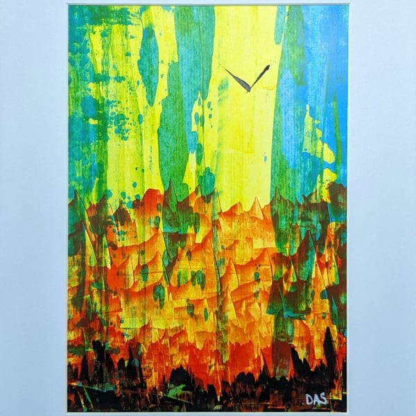 Bird and Mountains Abstract Acrylic Painting on Paper
