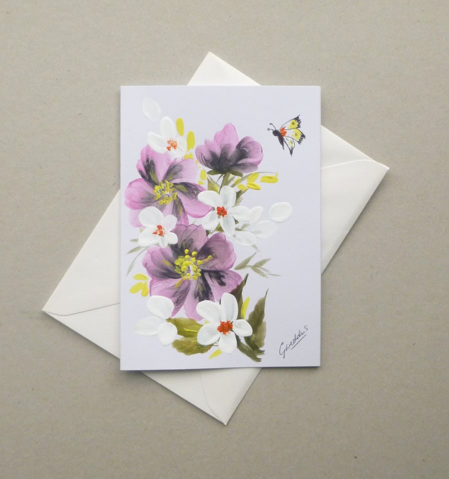 hand painted blank greetings card floral ( ref F 888 K6 )