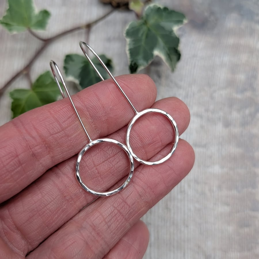 Sterling Silver Hammered Circle Long Earrings - JBJ1013