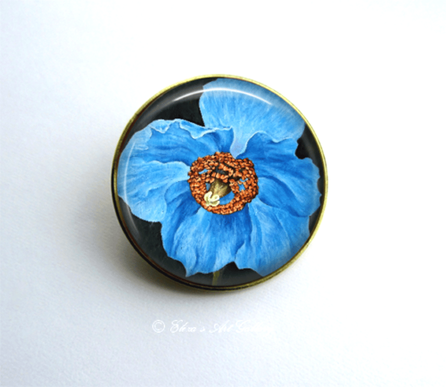 Gold Tone Blue Poppy Flower Art Brooch