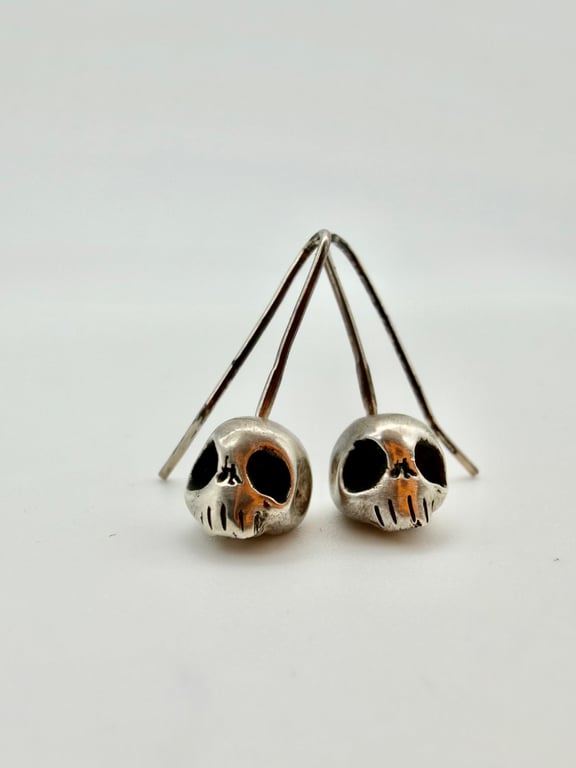 Long Shadow. Sterling Silver Skull Drop Earrings, Hallmarked 