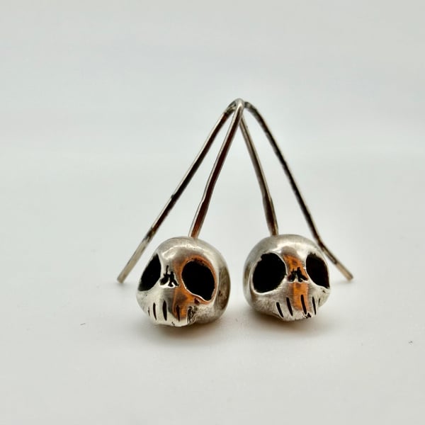 Long Shadow. Sterling Silver Skull Drop Earrings, Hallmarked 