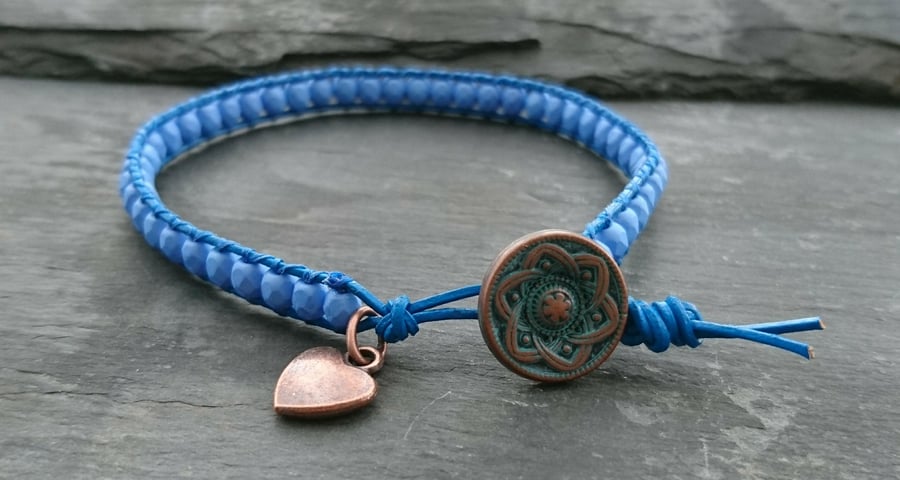 Blue leather and glass bead bracelet with copper button and heart charm