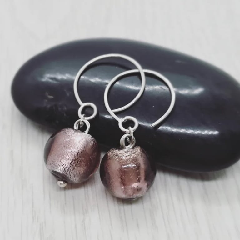 Pink Glass Bead Silver Drop Earrings