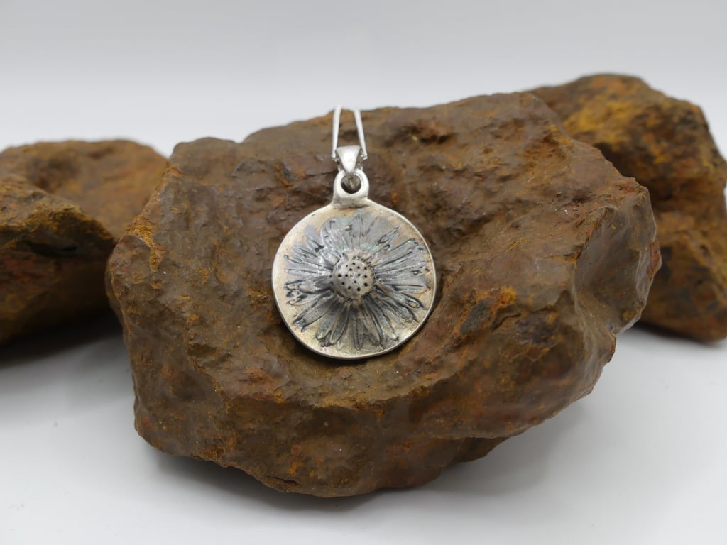 Recycled Sterling Silver Real Daisy Flower Mould Pendant Necklace ECO STS Chain.