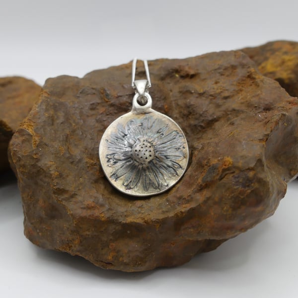 Recycled Sterling Silver Real Daisy Flower Mould Pendant Necklace ECO STS Chain.