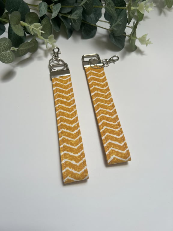 Key Fob Wristlet Set  in Mustard Yellow & White Chevron Fabric, Bag Strap