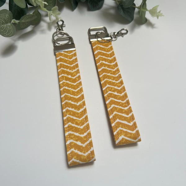 Key Fob Wristlet Set  in Mustard Yellow & White Chevron Fabric, Bag Strap