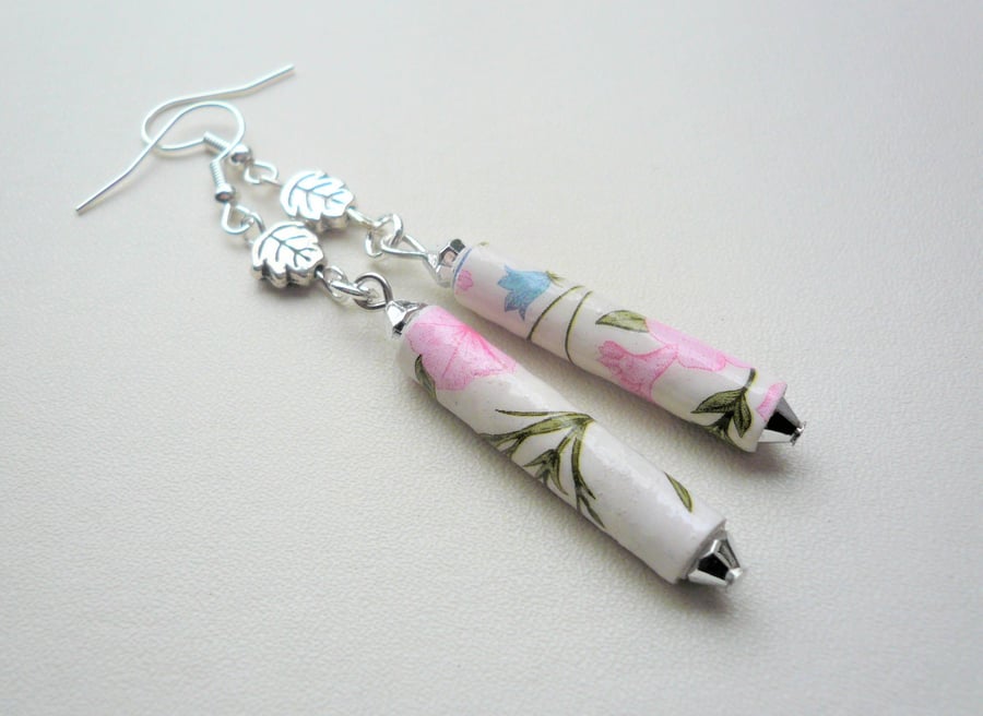FLORAL Dangle EARRINGS Hand Rolled Glazed Paper Tube  Silver    KCK3641