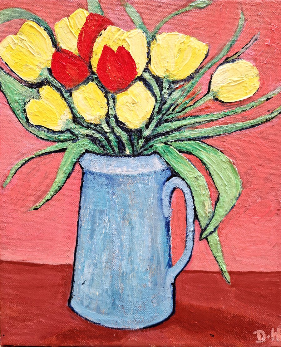 Flowers Painting, Tulips, Jug, Colourful Bold Still Life, Acrylics on Canvas